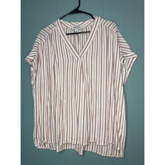 Nine West Jeans Tops - Nine West  Blouse Womens XXL Red White Striped V-Neck Short Sleeve Excellent
